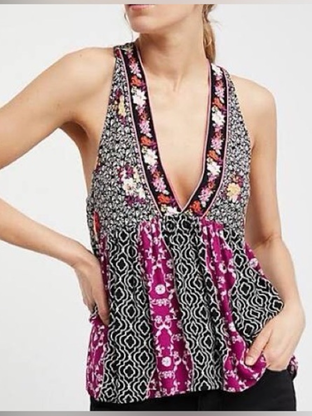 FREE PEOPLE Dream Darlin’ mixed media printed bohemian tank top Size L